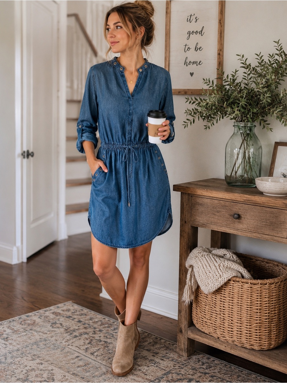 Love by Chesley Chambray Dress Small Blue Denim Drawstring Waist Pockets Boho